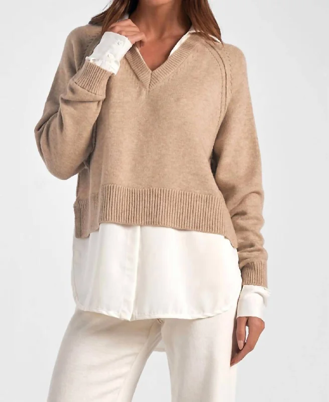 Clothes Woman Stevie Layered Sweater/shirt Combo In Taupe/white