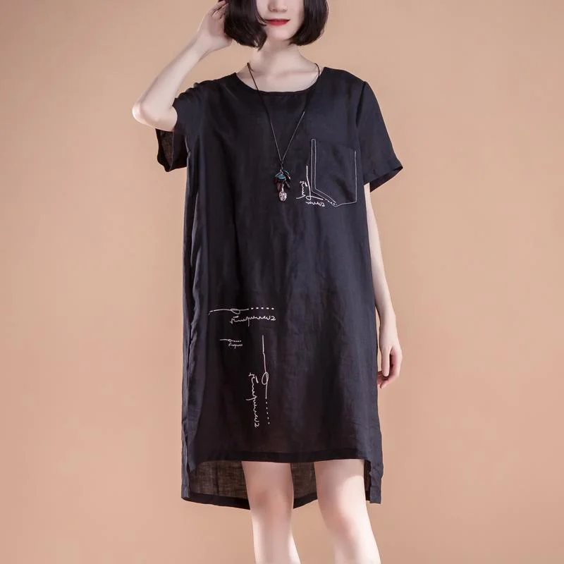 Comfortable Chic boutique summer dresses Loose fitting High-low Hem Summer Short Sleeve Pockets slit Black Dress