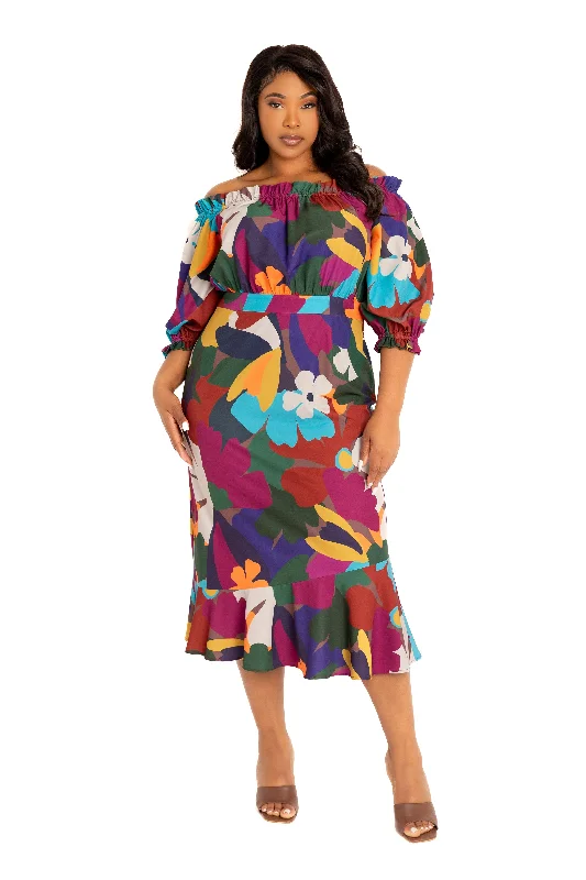 Luxury Women's Fashion Floral Off Shoulder Dress with Ruffle Hem