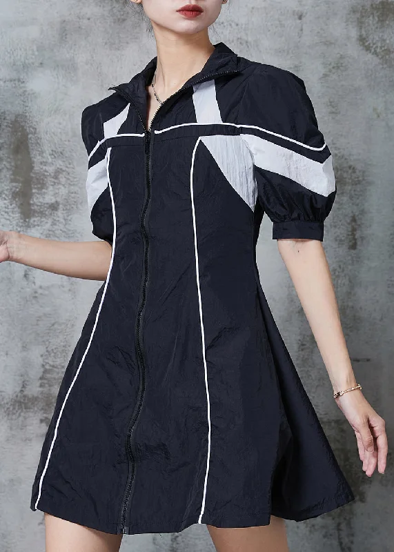 Elegant Women's Clothing Online Beautiful Black Zip Up Patchwork Spandex Sweatshirt Dresses Summer