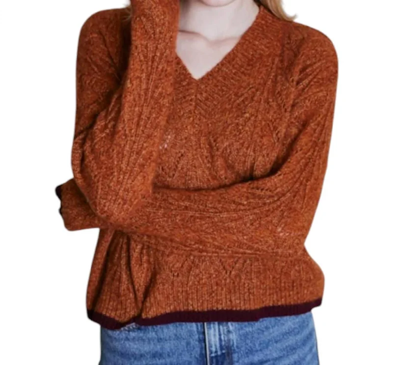 Versatile Women's Fashion Boxy Shell Stitch Tipped V-Neck Sweater In Rust