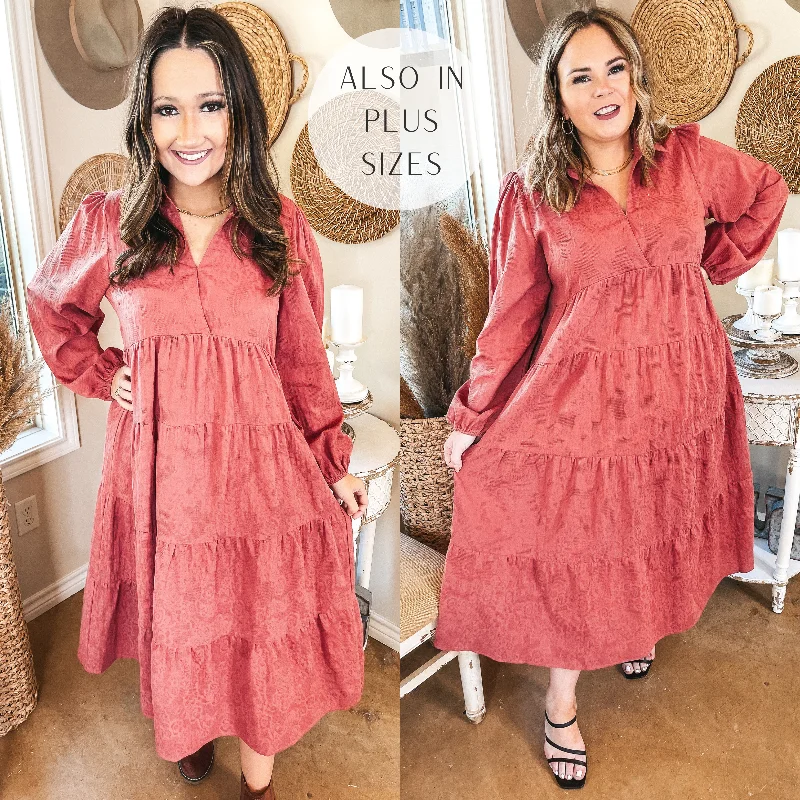 Fashionable Dresses for Women Sweet Glances Long Sleeve Tiered Midi Dress in Dusty Coral