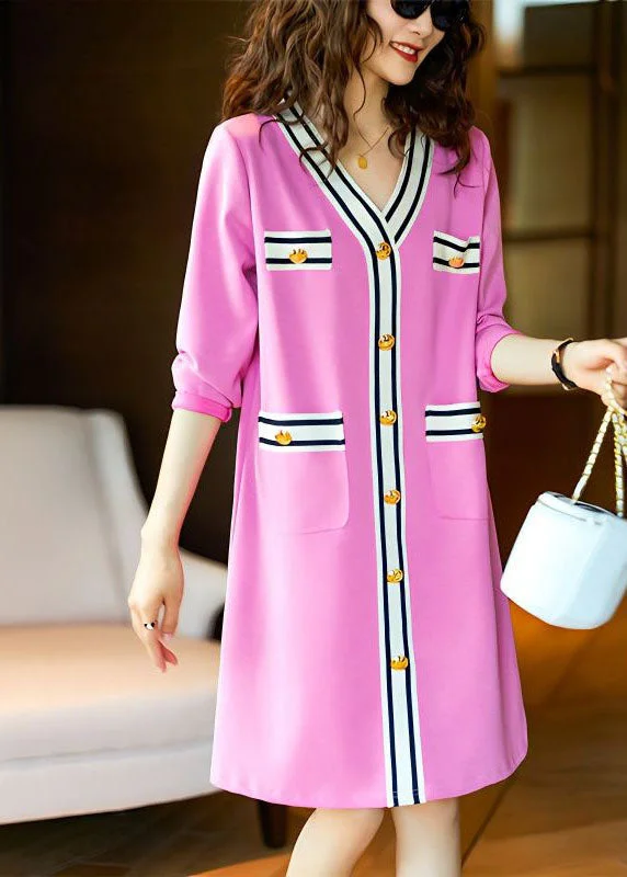 Cutting Edge Fashion Elegant Pink V Neck Button Patchwork Cotton Mid Dress Spring