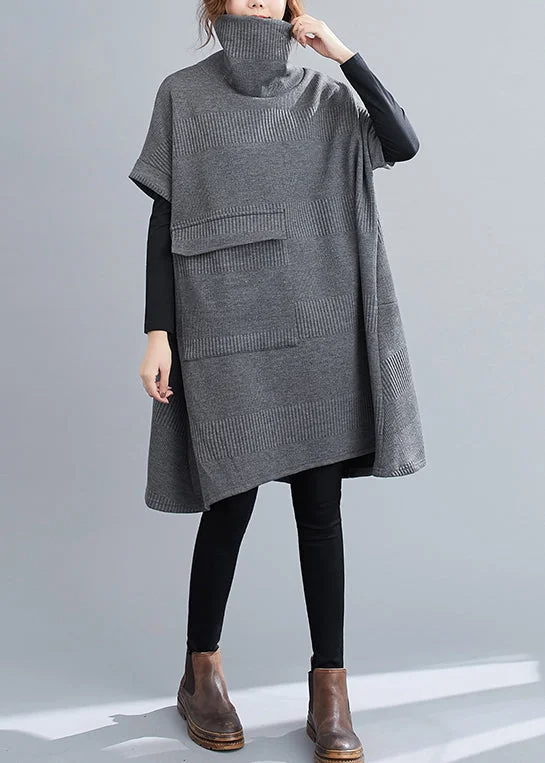 Stylish Statements Loose Grey Turtleneck Pockets Patchwork Knit Mid Dresses Fall