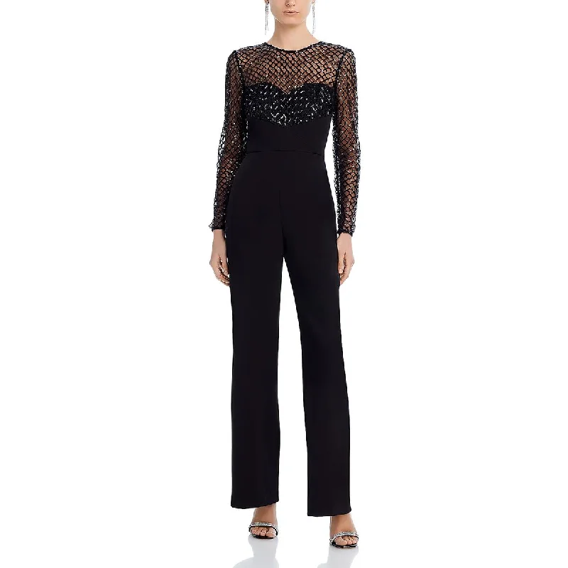 Wardrobe Refresh Halston Womens Mesh Wide Legs Jumpsuit