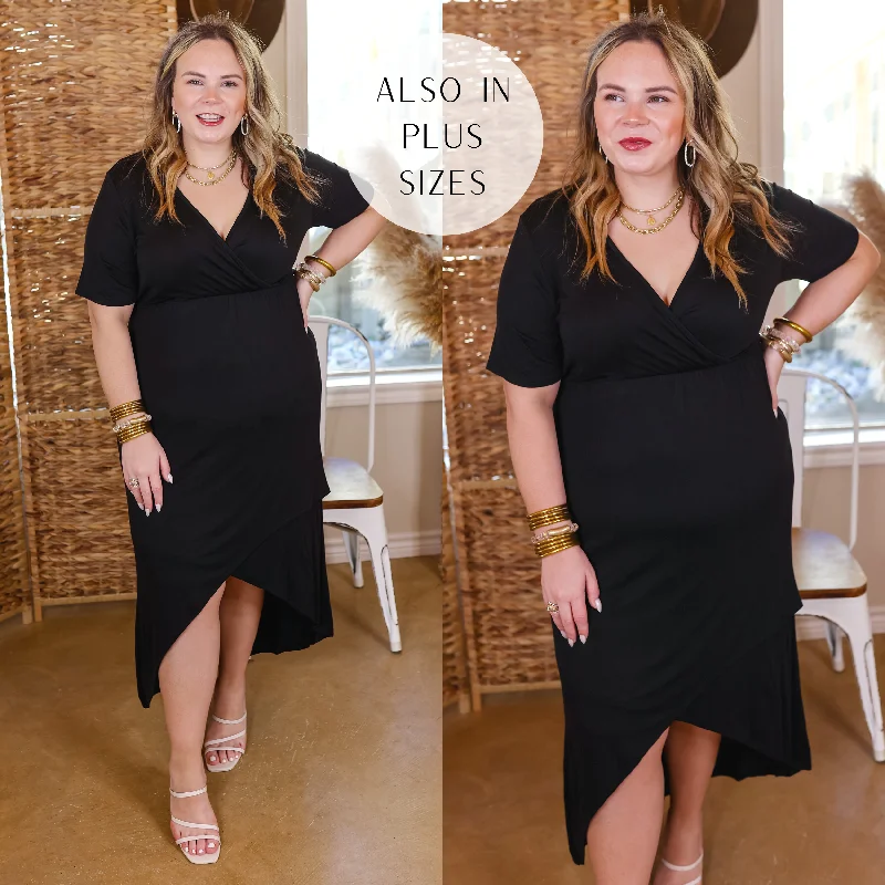 Chic Style, Always In Vogue Turn Away Wrap Midi Dress with Short Sleeves in Black