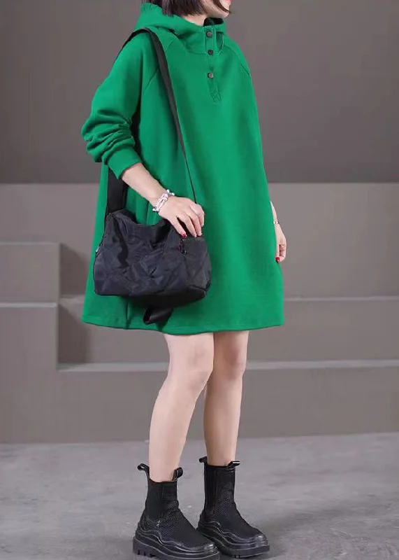 Women's Trendy Outfits Brief Green Patchwork Button Hooded Mid Dresses Fall