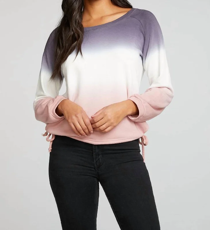 Trendy Street Style Attire Slub French Terry Blouson Sleeve Side Tie Raglan Pullover In Sunset Ombre