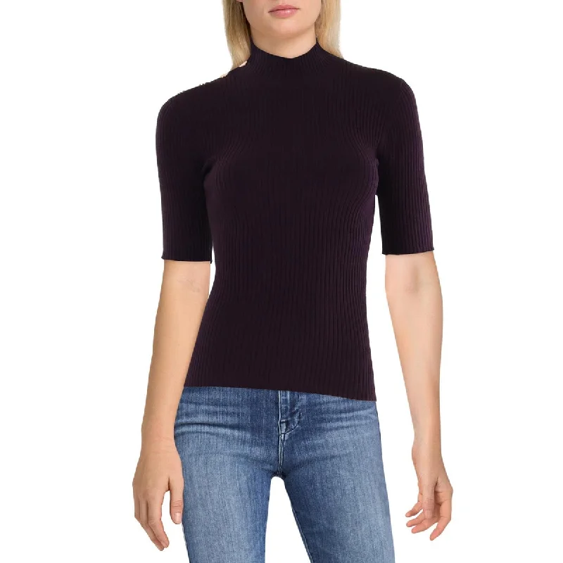 Chic Style, Always In Vogue Womens Ribbed Knit Short Sleeve Funnel-Neck Sweater