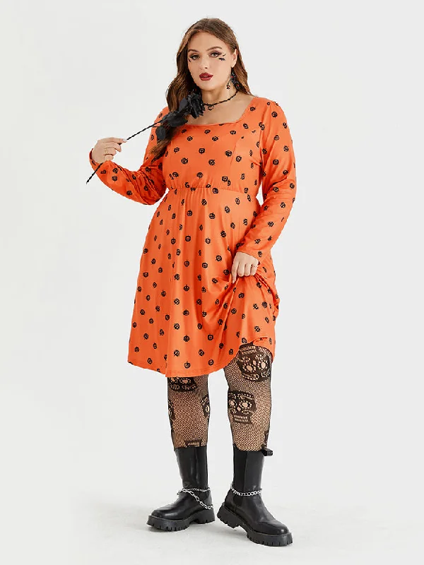 High End Fashion Halloween Print Square Neck Pocket  Midi Dress