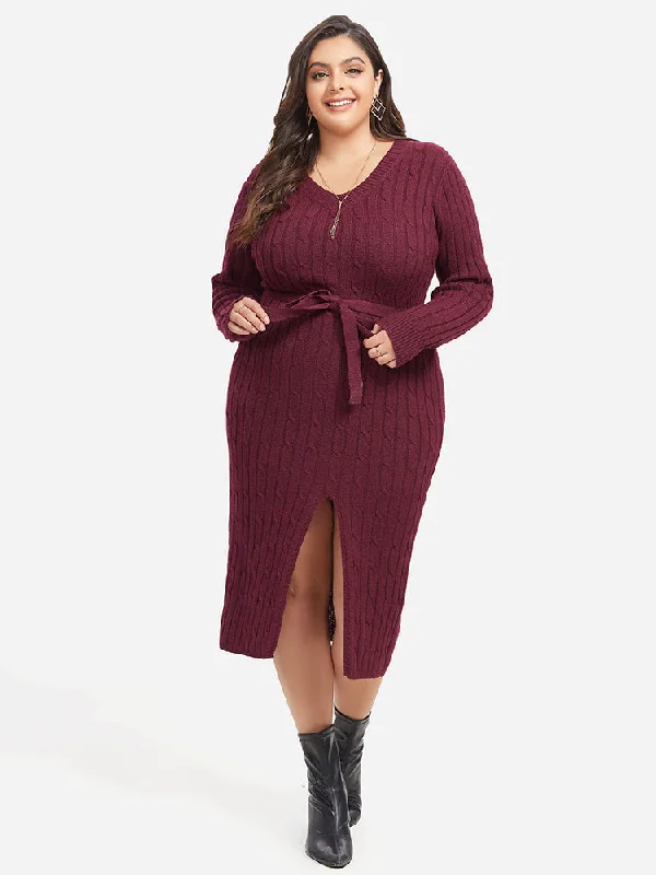 Trendy Women's Wear Cable Knit Belted Split  Midi Sweater Dress