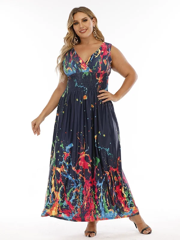 Everyday Fashion KittenAlarm - Plus Size Double V-neck Print Smocked Waist Maxi Dress