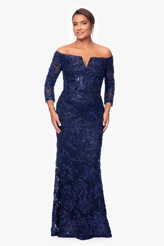 Bold and Elegant Women's Fashion "Wilma" 3/4 Sleeve Soutache Lace Off the Shoulder Gown