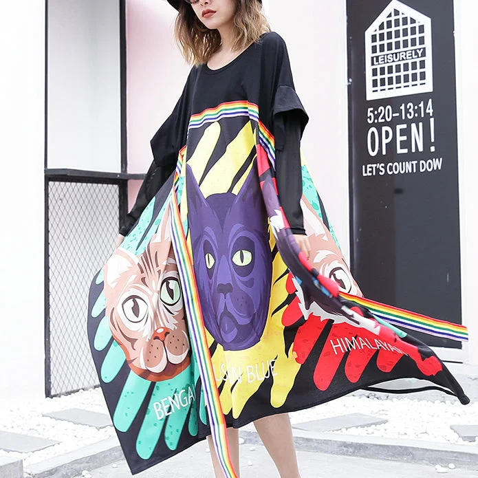 Style Breakthroughs stylish black print cotton dress Loose fitting patchwork tulle cotton gown casual asymmetric hem kaftans