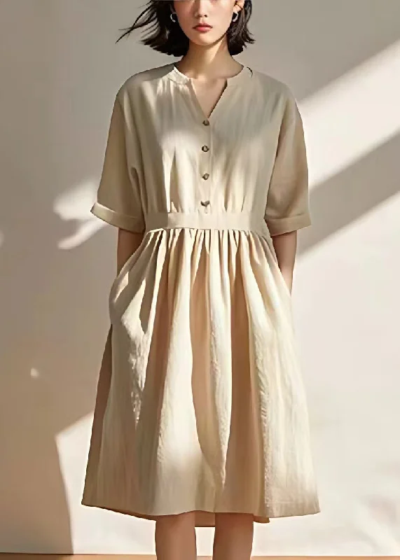 Unique Women's Fashion Pieces Casual Beige V Neck Pockets Wrinkled Linen Dresses Summer