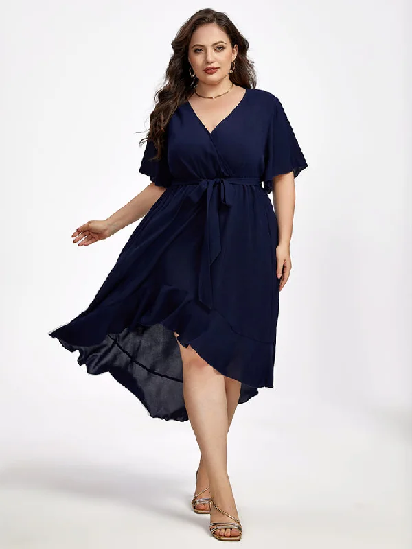 Seasonal Picks Plus Ruffle Sleeve V-Neck Knot Side Wrap Ditsy Midi Dress