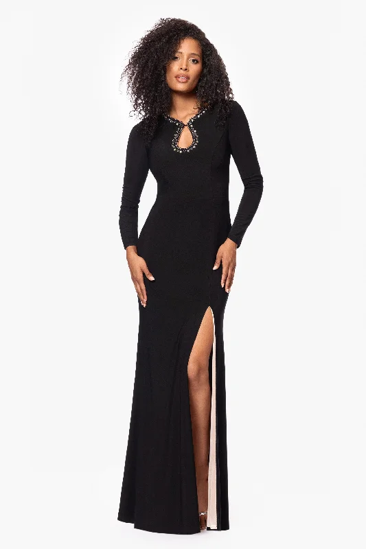 Seasonal Picks "Marcella" Long Jersey Knit Beaded Keyhole Neck Floor Length Dress