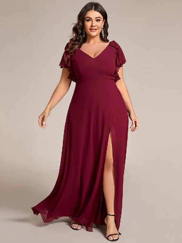 The Latest Fashion Trends Gloria | Plus Size Split Ruffles Sleeves with Bowknot Double V-neck Chiffon Bridesmaid Dress