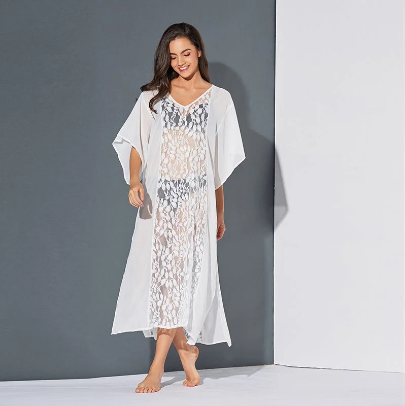 Relaxed Fashion KittenAlarm - Women Lace Sheer Hollow Short Sleeve Side slit Long Maxi Sun Dress