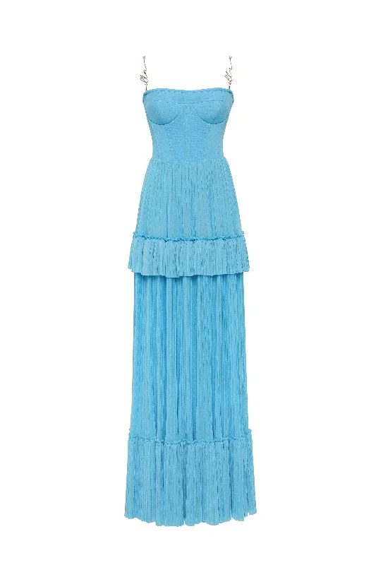 Trend Alert Sky-blue spaghetti strap pleated maxi dress, Garden of Eden