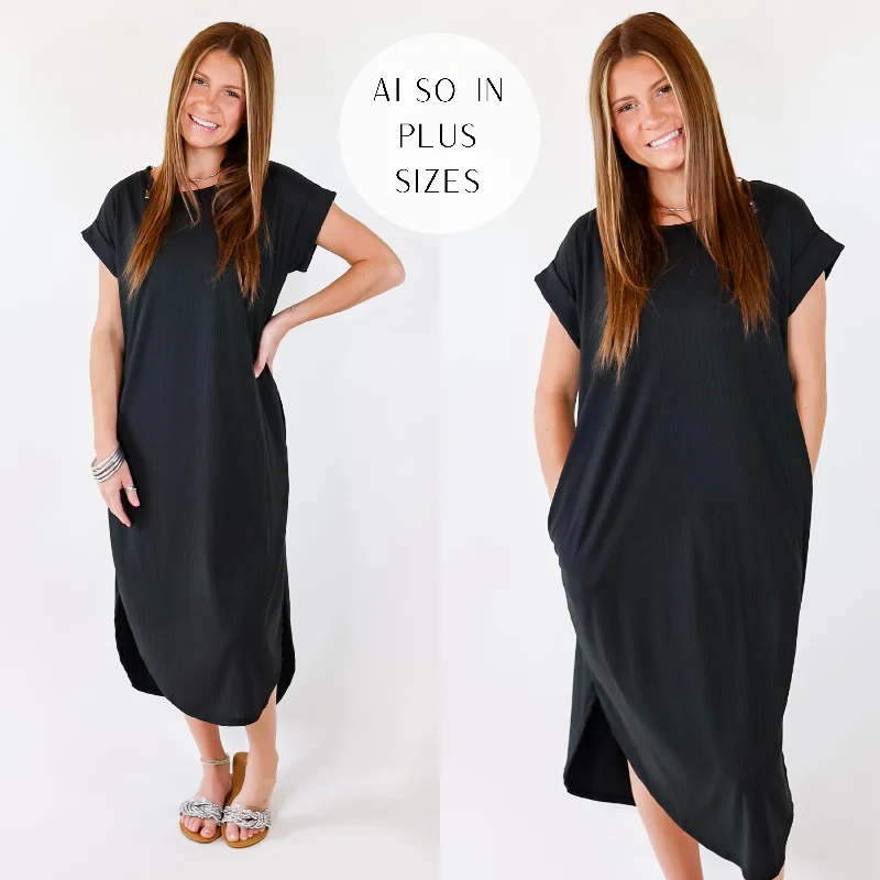 Fashion Essentials Last Chance Size Small & XL | Chill Looks Short Sleeve Thin Ribbed Midi Dress in Black