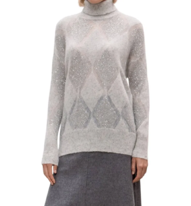 Stylish Everyday Clothing Pailette Argyle Turtleneck Sweater In Pearl Grey