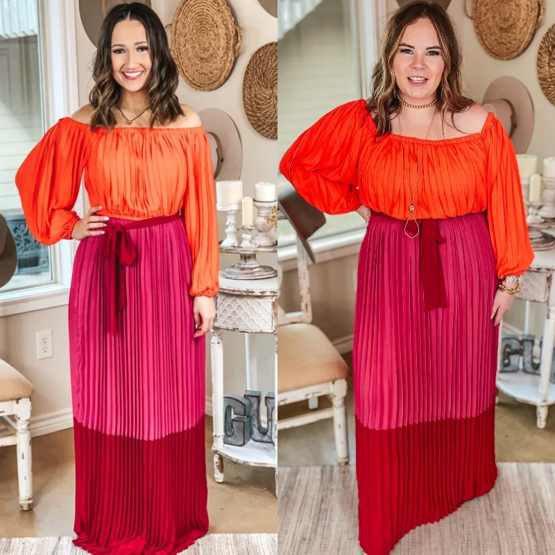 Gorgeous Glamour Collection Last Chance Size Small & Medium | Walk On The Bright Side Pleated Off the Shoulder Color Block Maxi Dress in Pink