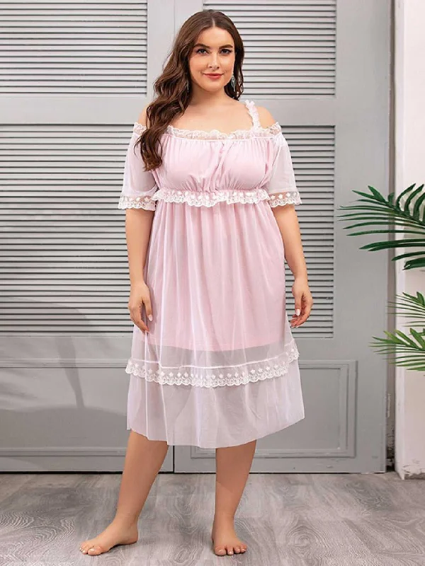 Crazy Price Slashing KittenAlarm - Plus Size Mesh V-neck Lace Sheer Lounge Wear Short Sleeve Nightdress