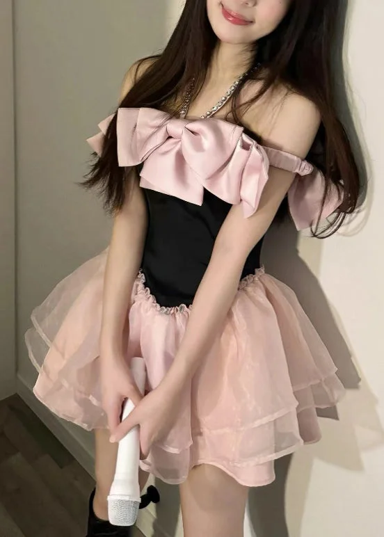 Discount Price Novelty Pink Bow Zircon Tulle Patchwork Mid Dress Summer