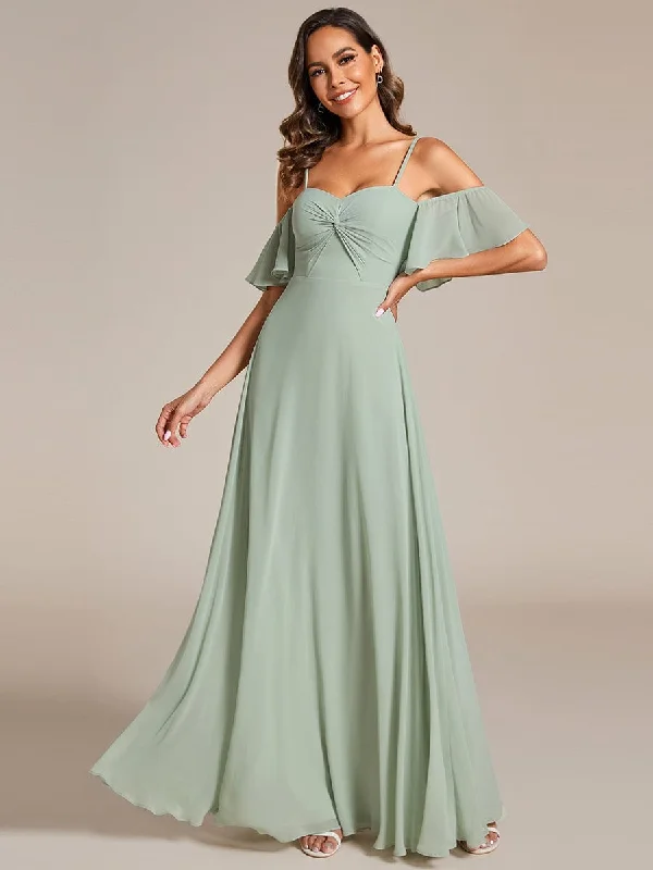 Minimalist Women's Fashion Clothing Spaghetti Strap Sweetheart Chiffon A-line Bridesmaid Dress with Knot