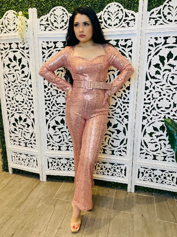 Women's Formal Wear DANCINGS DONE Rose Gold Sequin Jumpsuit w/ Belt