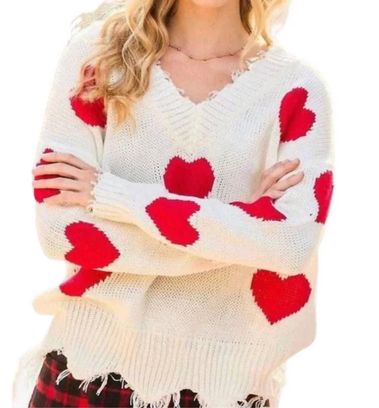 New Arrival Discount Heart Distressed Sweater In Off White