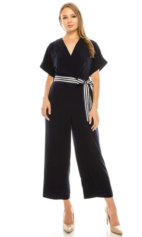 End Of Season Sale Clothing Maggy London - G4082M Short Sleeve Stripe Belted Capri Jumpsuit