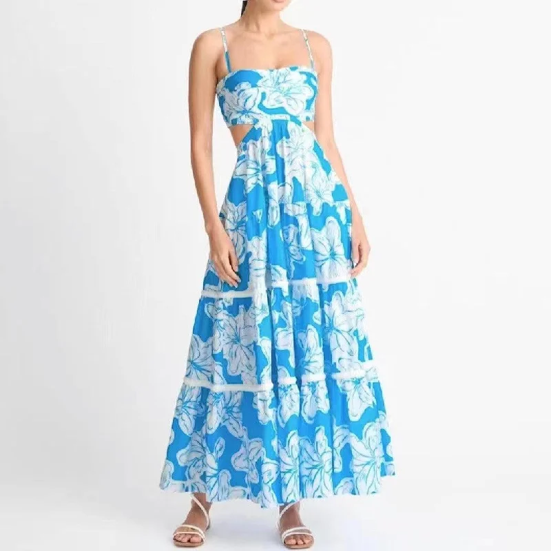 Clothes Of Woman KittenAlarm - Diane Spaghetti Strap Hollow Out Aloha Print Maxi Dress