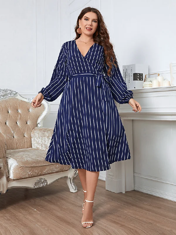 Chic Style, Always In Vogue Plus Blue Striped Crisscross Wrap Midi Dress