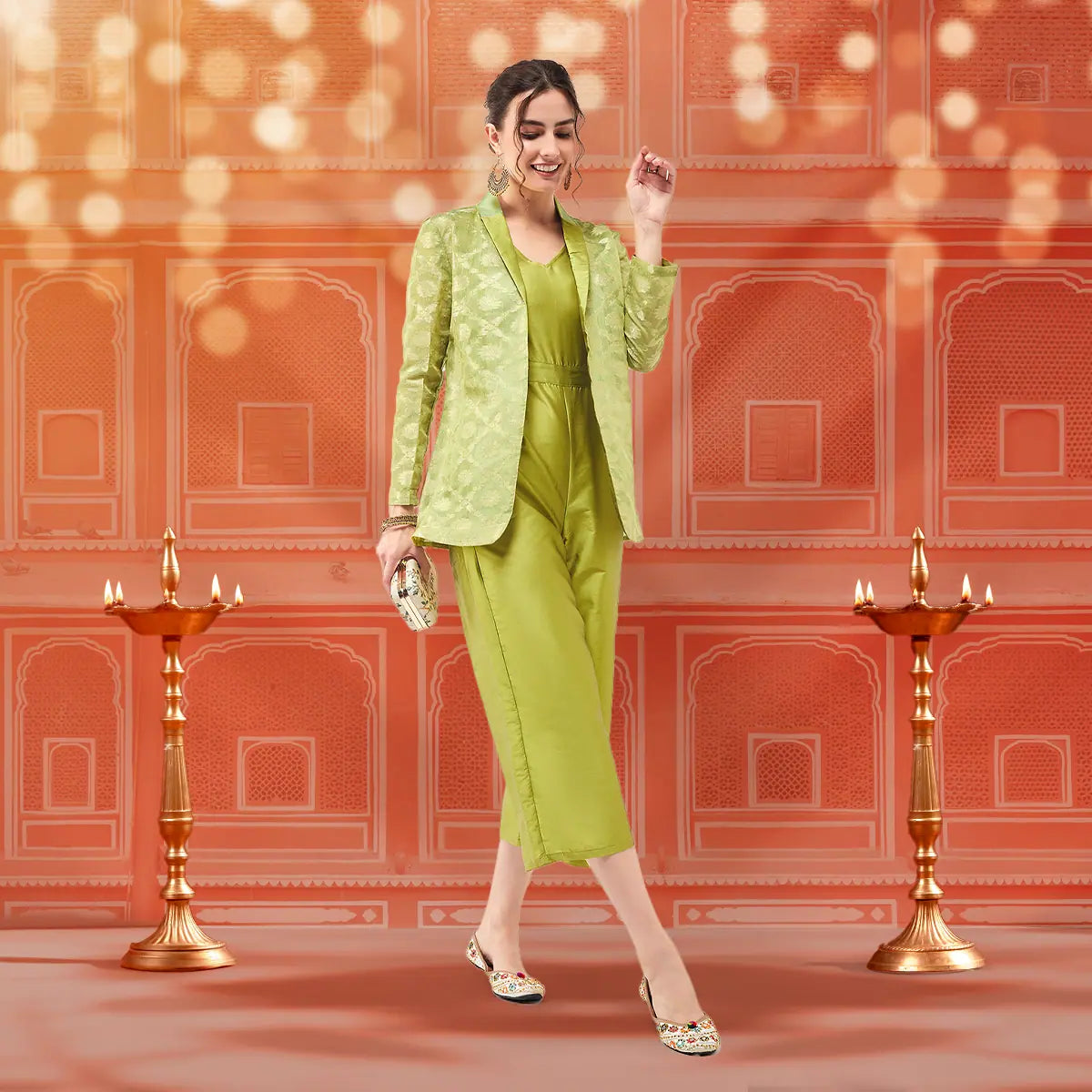 All Season Fashion Collection Solid Jumpsuit With Banarasi Jacquard Blazer