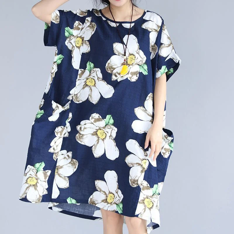 Chic Style fashion blue floral natural linen dress trendy plus size traveling dress 2018 big pockets short sleeve linen clothing dresses