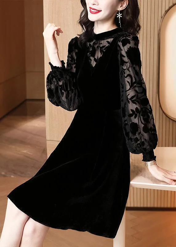 Plus Size Women Wear Stylish Black Stand Collar Hollow Out Patchwork Velour Mid Dress Fall