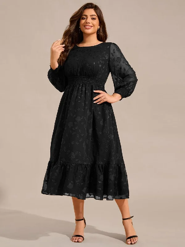 Luxury Fashion Alice | Plus Size Long Sleeve Round Neckline Chiffon Wedding Guest Dress