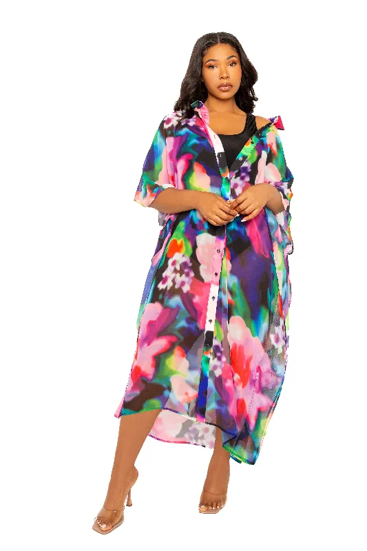 Colorful Clothing Print Shirtdress Coverup