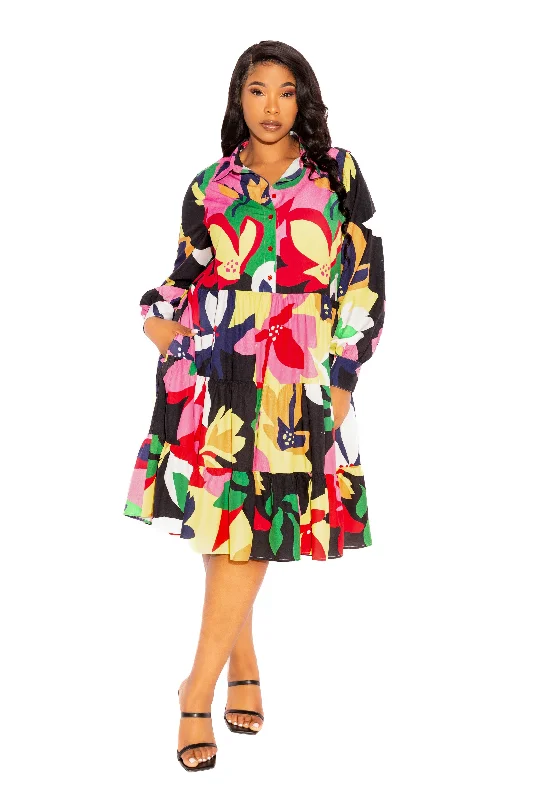 Women's Clothing Online Sale Floral Long Sleeve Tiered Shirt Dress