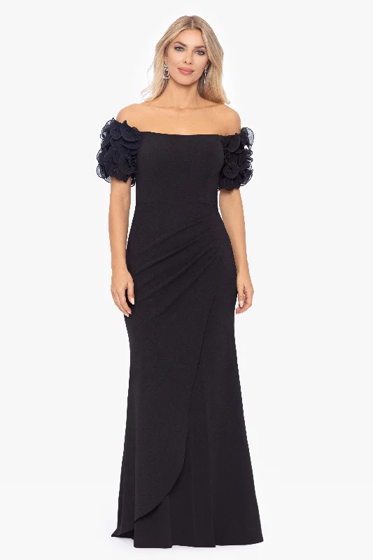 Fashionable Casual Tops Petite "Ashlyn" Long Scuba Crepe Off the Shoulder Wire Flower Gown