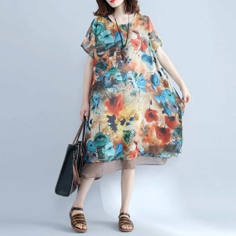 Limited Time Offer Elegant floral chiffon dress plus size holiday dresses 2018 short sleeve side open chiffon dress