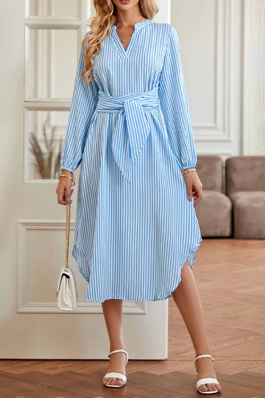 Workwear Fashion for Women V Neck Striped Tie Waist Long Sleeve Midi Dress