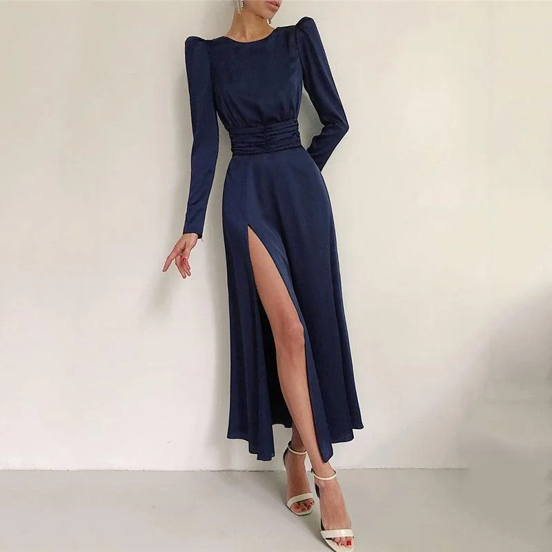 Preppy Style KittenAlarm - Callia Belted Thigh Slit Maxi Dress