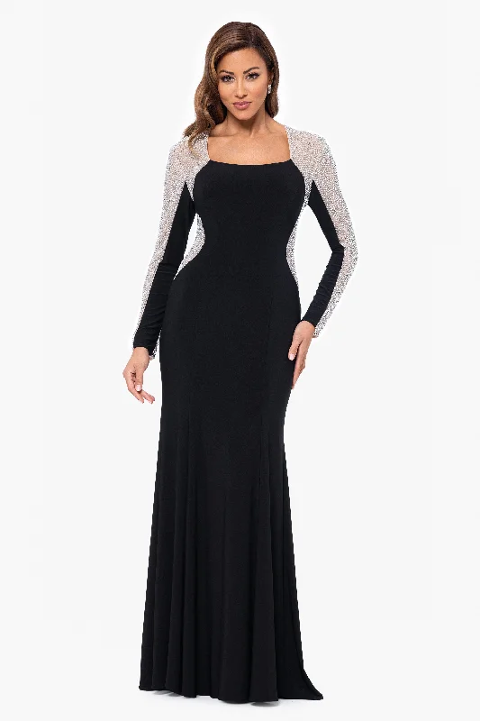 Summer Sale "Justina" Long Jersey Knit Caviar Beaded Long Sleeve Scoop Neck Dress