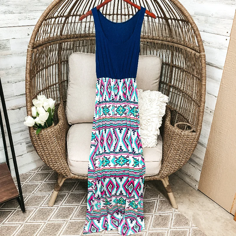 Comfortable Clothes Last Chance Size Small | Navy Blue Tank Maxi Dress with Aztec Print | ONLY 1 LEFT!