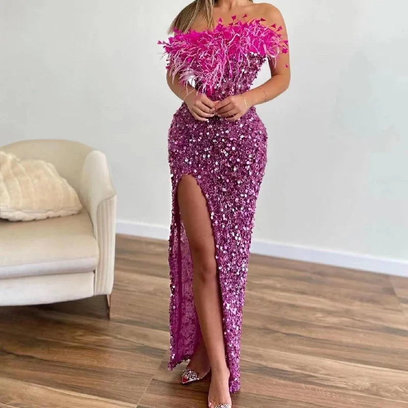 Unbeatable Prices KittenAlarm - Parker Strapless Feather & Sequin Embellishment Side Slit Maxi Dress