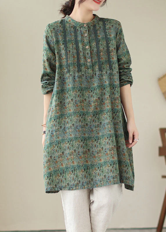 Chic And Comfortable Green Patchwork Cotton Mid Shirts Dress Wrinkled Long Sleeve