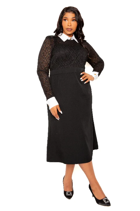 Luxury Fashion Lace Midi Dress with Detachable Collar & Cuffs